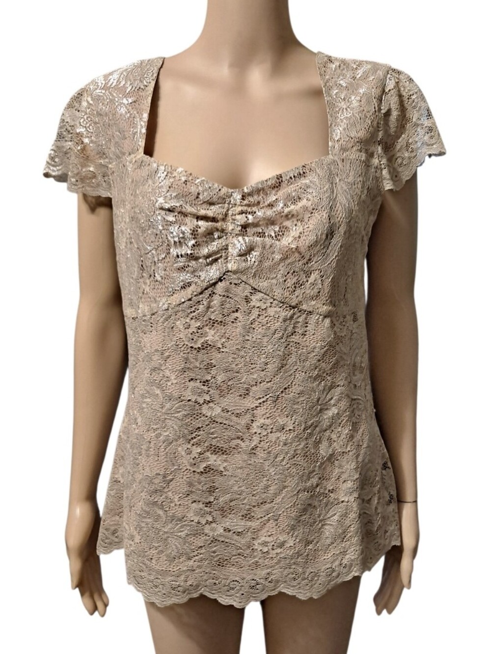 LOFT Beige Lace Sweerheart Neck Short Sleeve Top